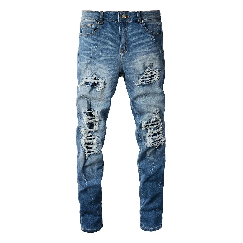 

Light Blue EU Drip Fashion Men's Distressed Ribs Patchwork Jeans Italian Drip Damaged Holes Jeans Slim Fit Stretch Ripped Jeans