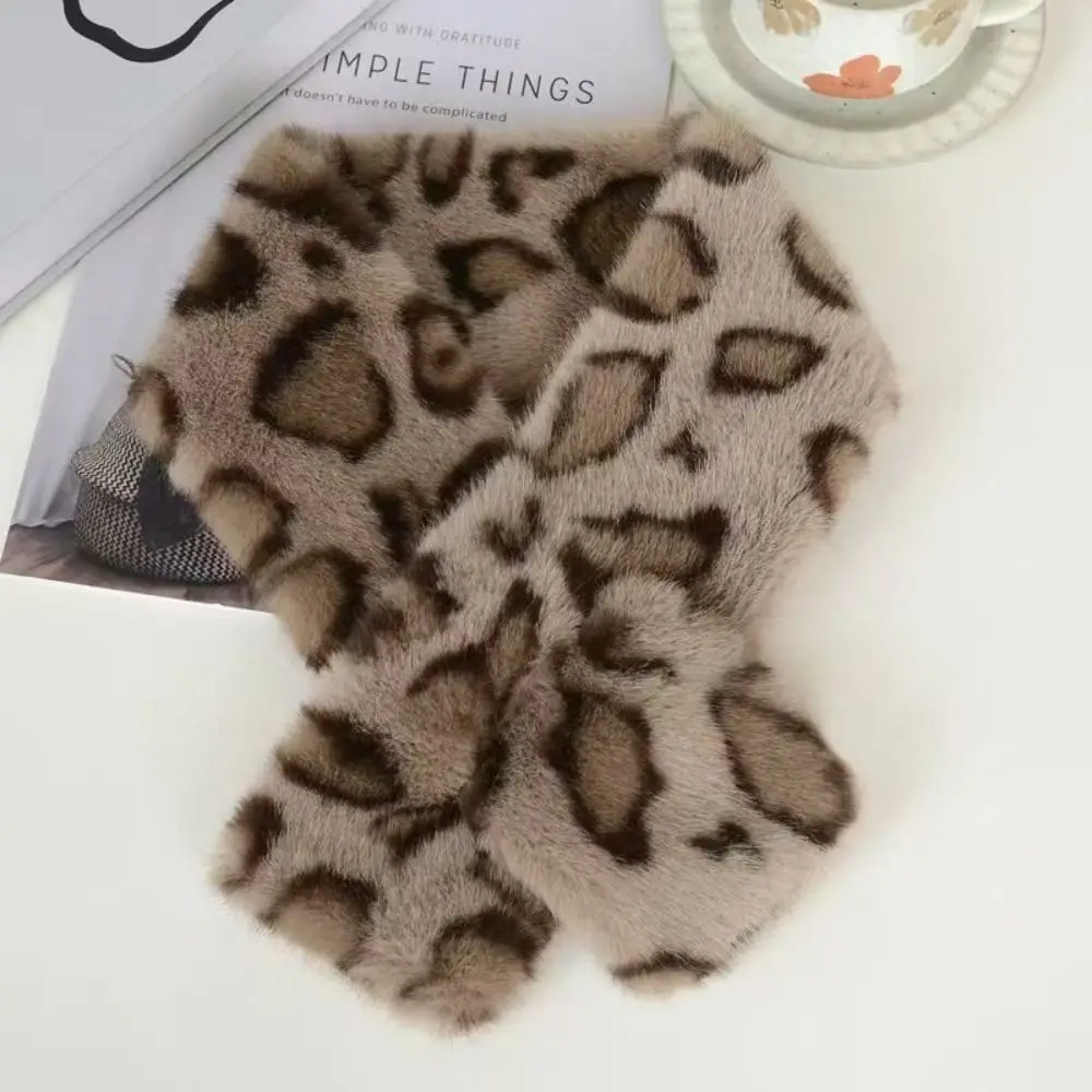 Thicken Warm Leopard Print Scarf Soft Faux Rabbit Fur Faux Fur Scarf Windproof Faux Collar Cross Scarf Winter Season