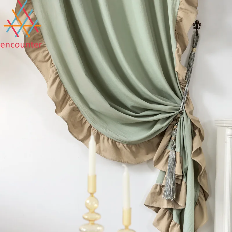 

1 PC Rod Pocket /Hook Up Retro French Solid Orange/Green Ruffled Modern Linen Door Curtains for Living Dining Room Bedroom