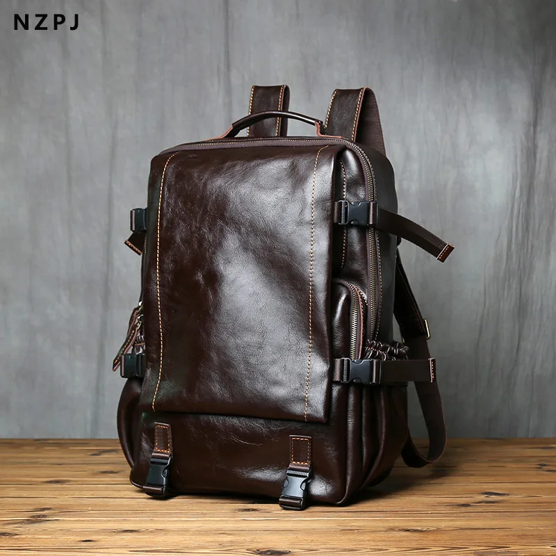 NZPJ Retro Genuine Leather Men Backpack Vegetable Tanned Top Layer Cowhide Backpack Large Capacity Travel Bag For 16 inch laptop
