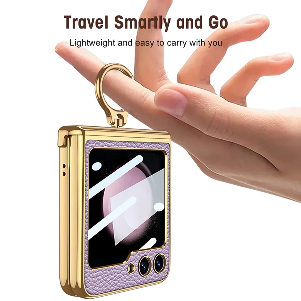 Luxury Magnetic Hinge Protector Electroplated Frame Phone Case Cover For Samsung Galaxy Z Flip 5 5G Case With Ring Holder