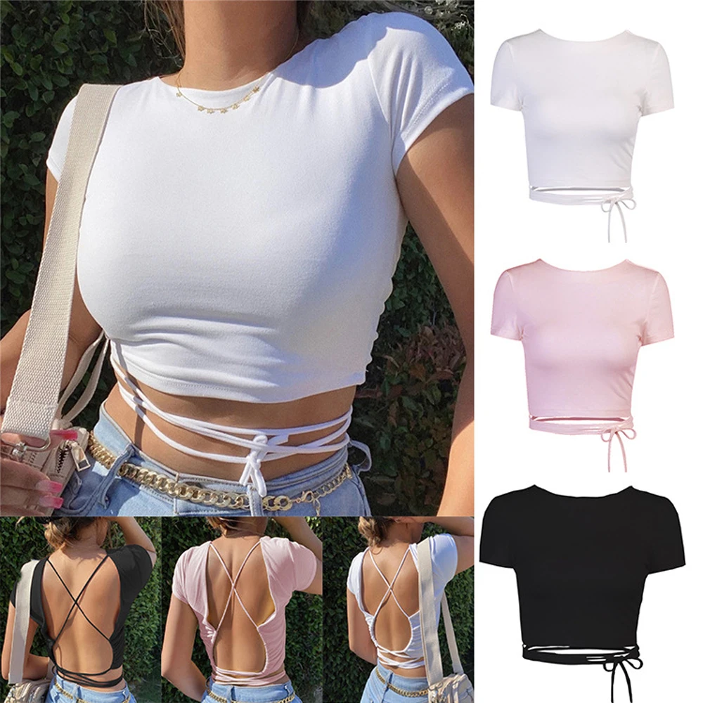 Women Bandage Lace Up Hollow Out T-shirts Summer Ladies Short Sleeve Slim Backless Cropped Tops WDC9560 cool t shirts