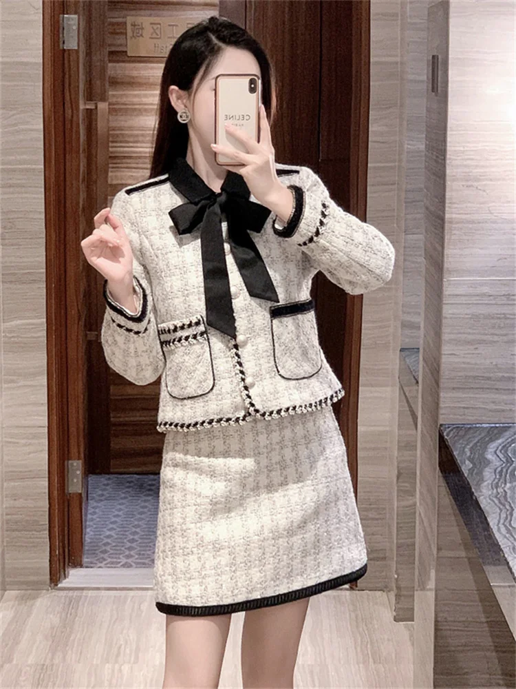 

Vintage Tweed Two Piece Set Women Lace-up Patchwork Short Jacket + Mini Skirt Suits Elegant OL2 Piece Outfit Female