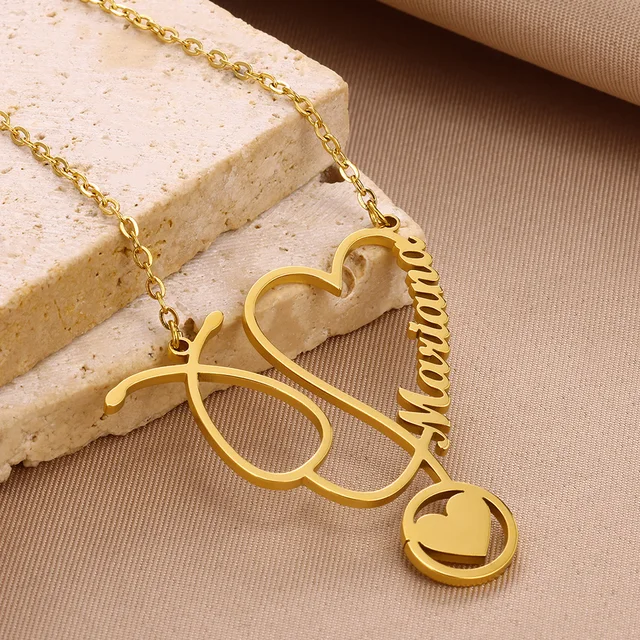 Collana Stetoscopio Vnox Con CZ - Acciaio Inossidabile, Pendente Oro, 50cm - Foto 7