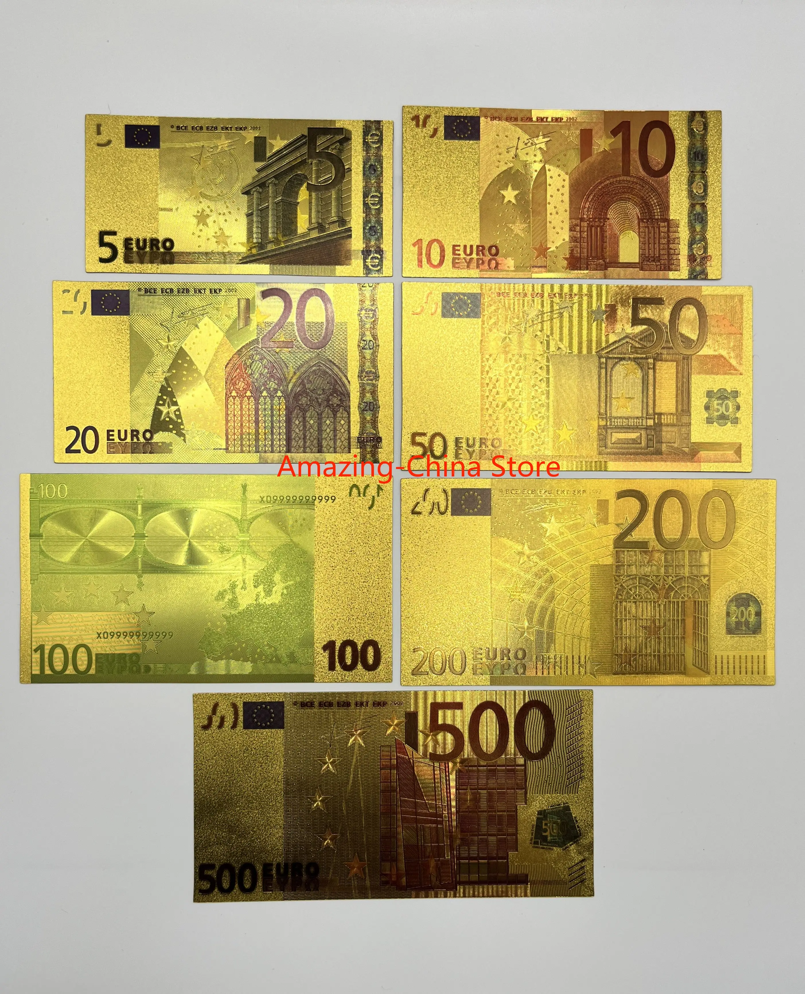 7 Pz Eur/Gbp/ Pound/Aed/Usd 500/Euro/Pound/Dae/Dollar 24K Lamina D'Oro Goldeneur 100 Euro Banconote Finte Carta Denaro Banconote Artigianato