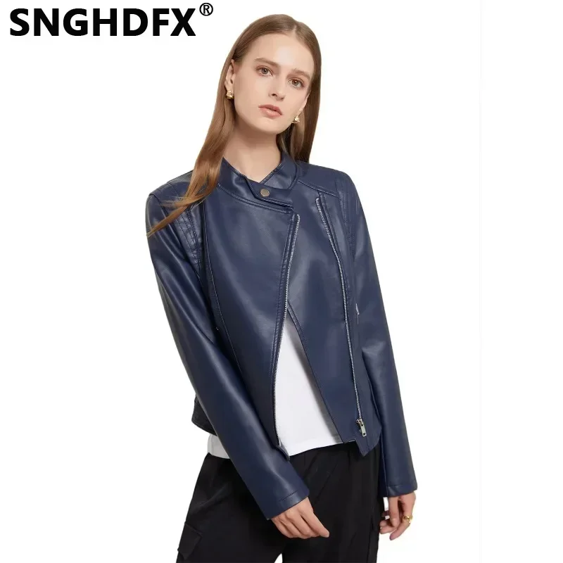 

SNGHDFX Motor Biker Leather Jackets Women's Turndown Collar Long Sleeve Coats Female Clothing 2024 Spring Autumn Winter Fashion