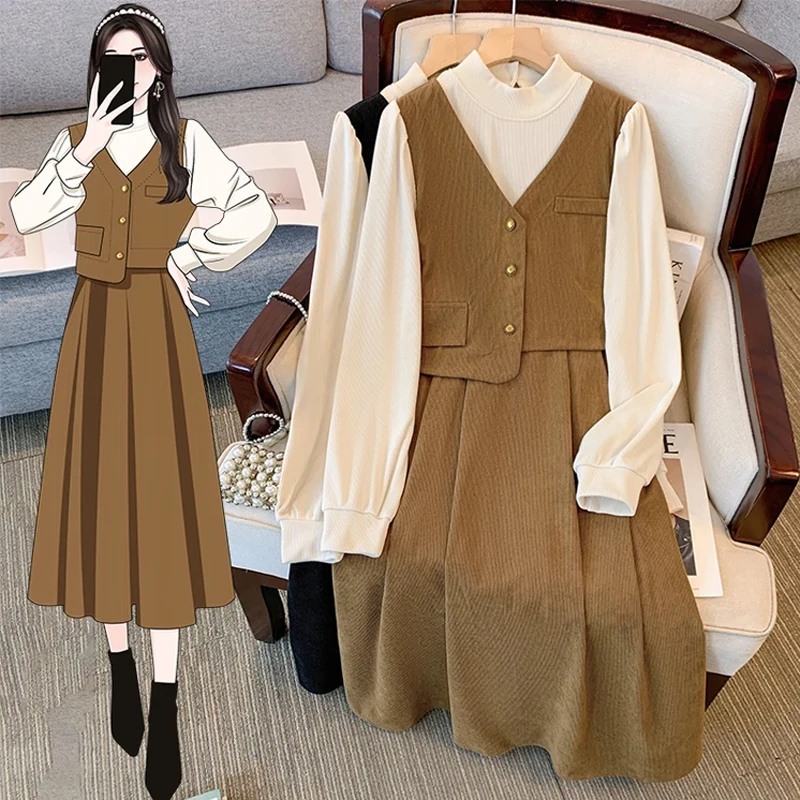 

Elegant Corduroy Long Dress For Women 2023 Casual Female Large Size 4XL Autumn Winter Warm Black Curry Fake Two Pieces Clothes