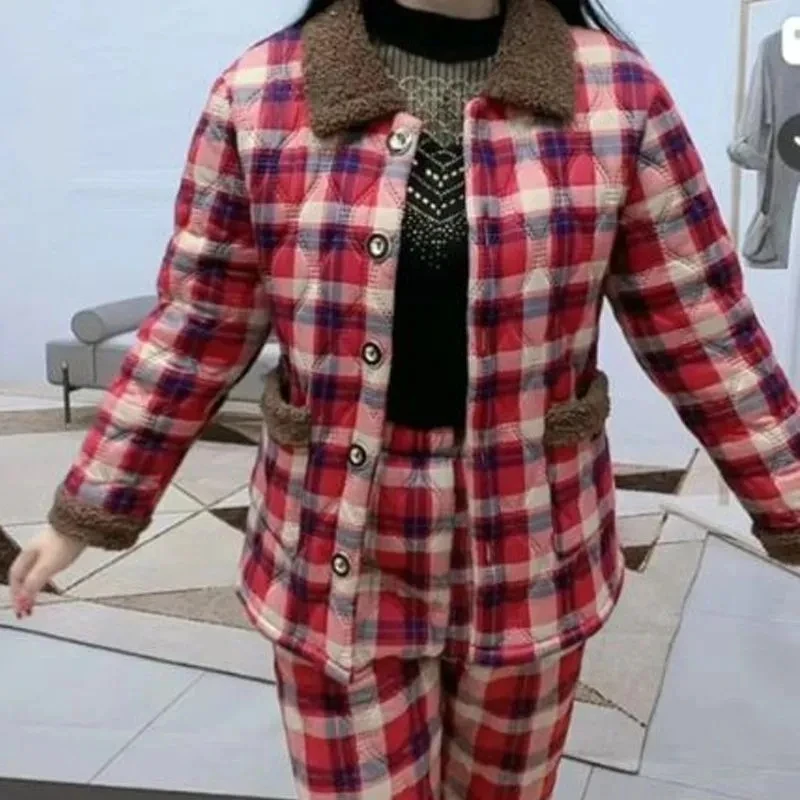 Single Piece/Suit Plaid Winter New Plush Cotton Jacket Warm Cotton Pants Suit Mother's Loose And Slim Cotton Suit Two-Piece Set