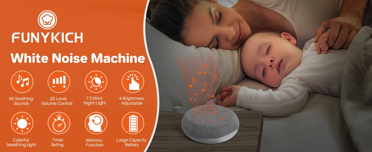 White noise machine by Funykich. Circular device with multiple functions including soothing sounds, night light, and timer. Image shows adult and baby sleeping.
