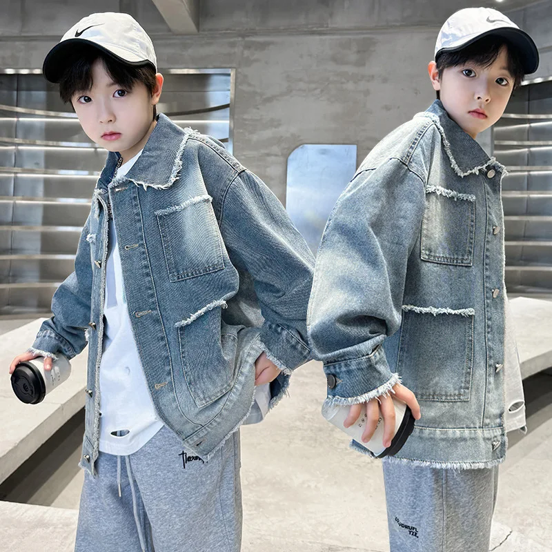 봄 가을 어린이 겉옷 한국식 루즈 스타일 어린이 빈티지 그라데이션 블루 블랙 데님 재킷 십대 소년 멋진 청바지 코트