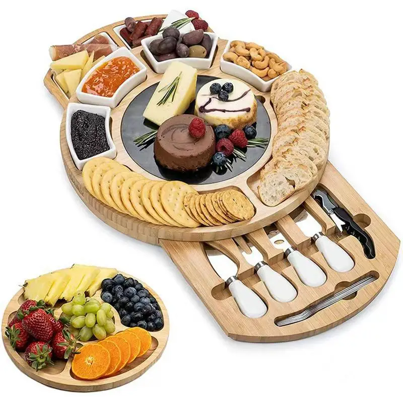 Charcuterie 보드 세트 나무에 둥근 Charcuterie 보드 내장 서랍 서빙 트레이 주방 홈 야드 용 식품 용기