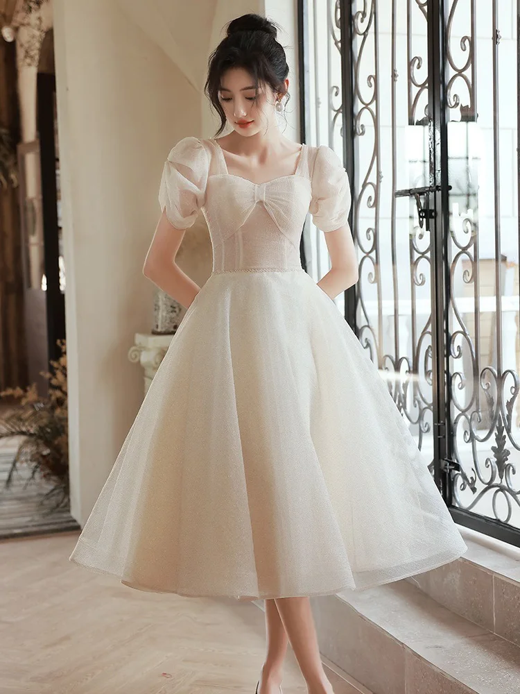 French Style Bridesmaid Dress Simple Sweetheart Collar A-Line Graduation Prom Dresses Temperament Glitter Banquet Gown