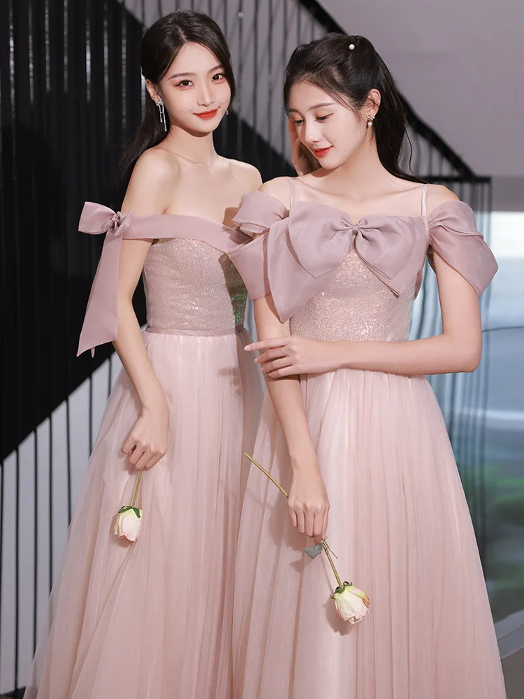 

4Styles Pink Bridesmaid Dresses Elegant Off Shoulder Bow Sequins Patchwork Tulle Long Dress Women Prom Party Gowns