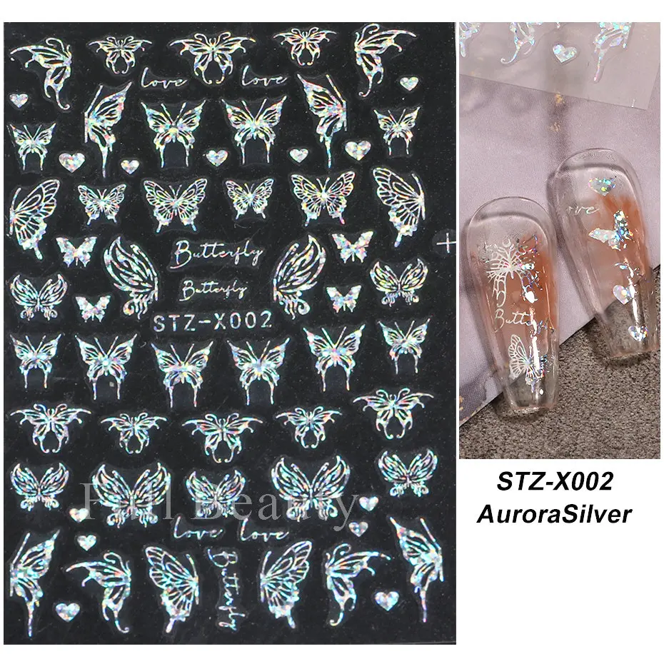 Nail Stickers Laser Butterfly Stickers Nails Holographic Snake Dragon Heart Star Moon Adhesive Sliders 3D Nail Art Decal Decoration LASTZX