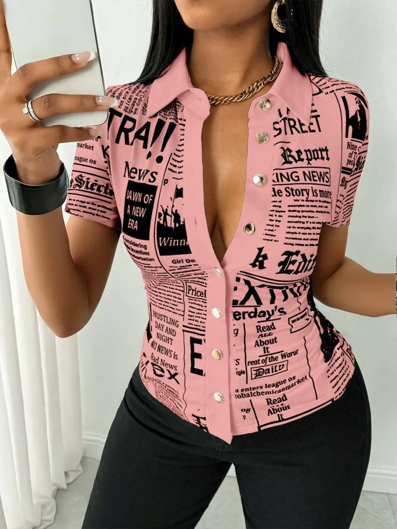 Women Summer Fashion Newspaper Print Single-Breasted V-Neck Women Shirt