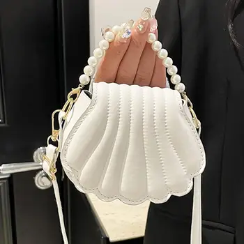 Borsa a Tracolla in Pelle PU alla Moda per Donne, Borsa Hobo Minimalista a Forma di Conchiglia, Elegante Borsa a Spalla Francese con Decorazioni di Perle per Studentesse