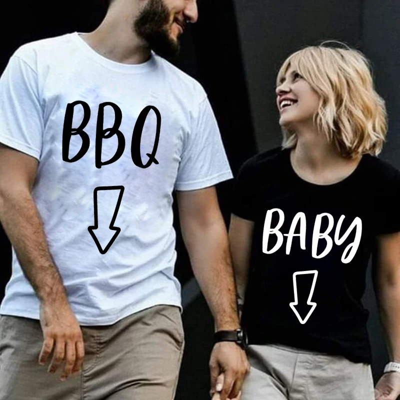 재미있는 의류 커플 티셔츠, BBQ BABY 그래픽 티셔츠, 하라주쿠 남성 여성 매칭 의류, 남자친구 여자친구 연인 티셔츠 
