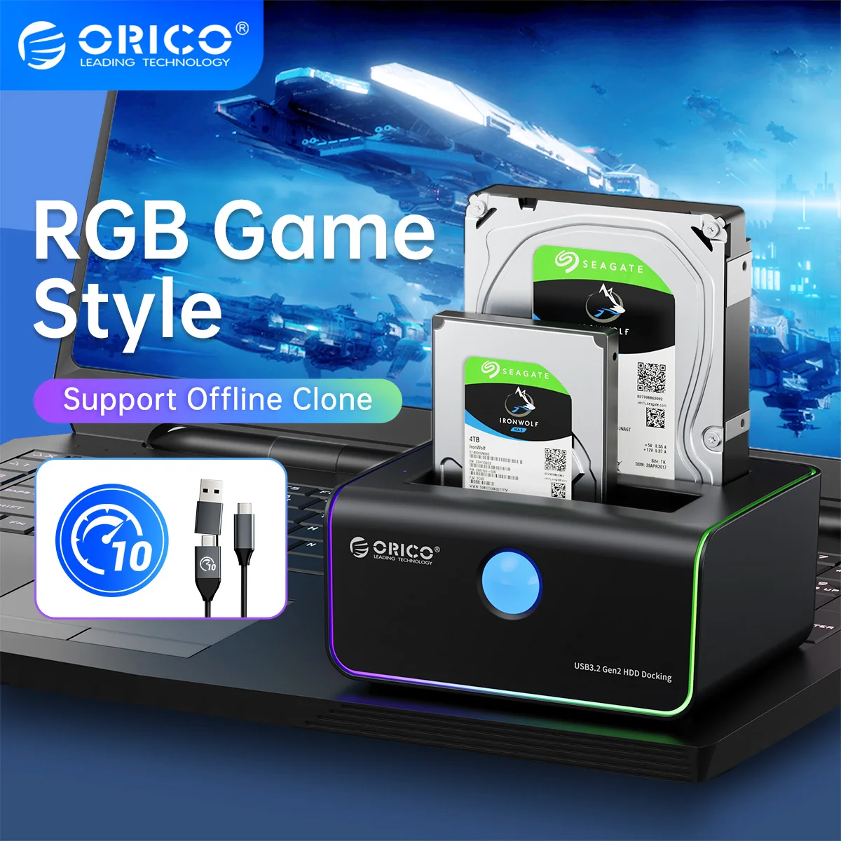 Orico Rgb Light 2-bay Type-c 10gbps Hard Disk Docking Station For Game ...