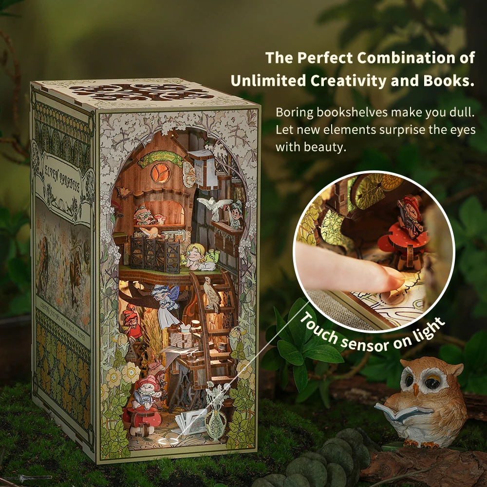 CUTEBEE Book Nook Kit Miniature DIY Dollhouse Touch Light With Furniture Model DIY Gifts( Elven Paradise） 6
