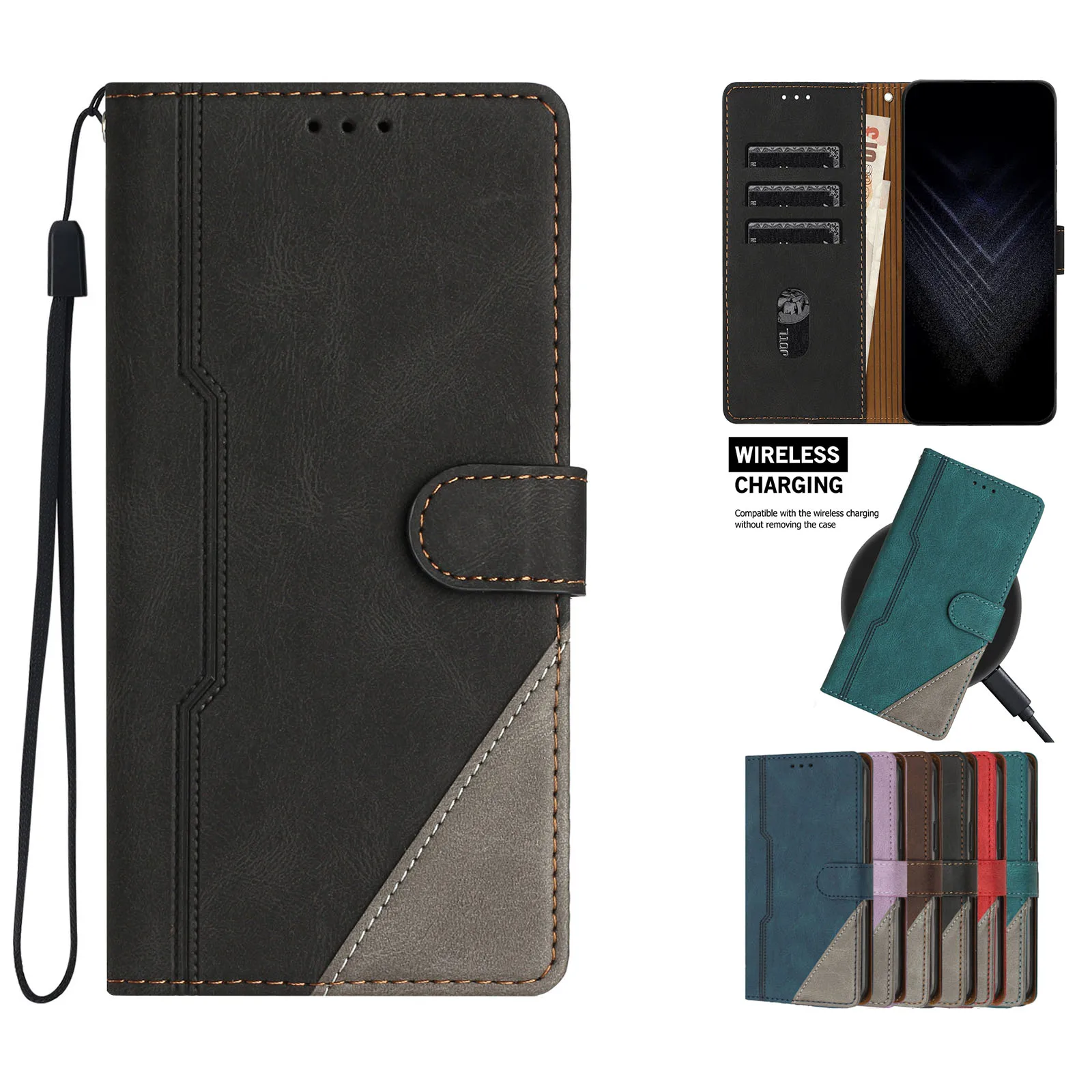 Dual-Tone Leather Flip Wallet Case with Wireless Charging and Card Slots