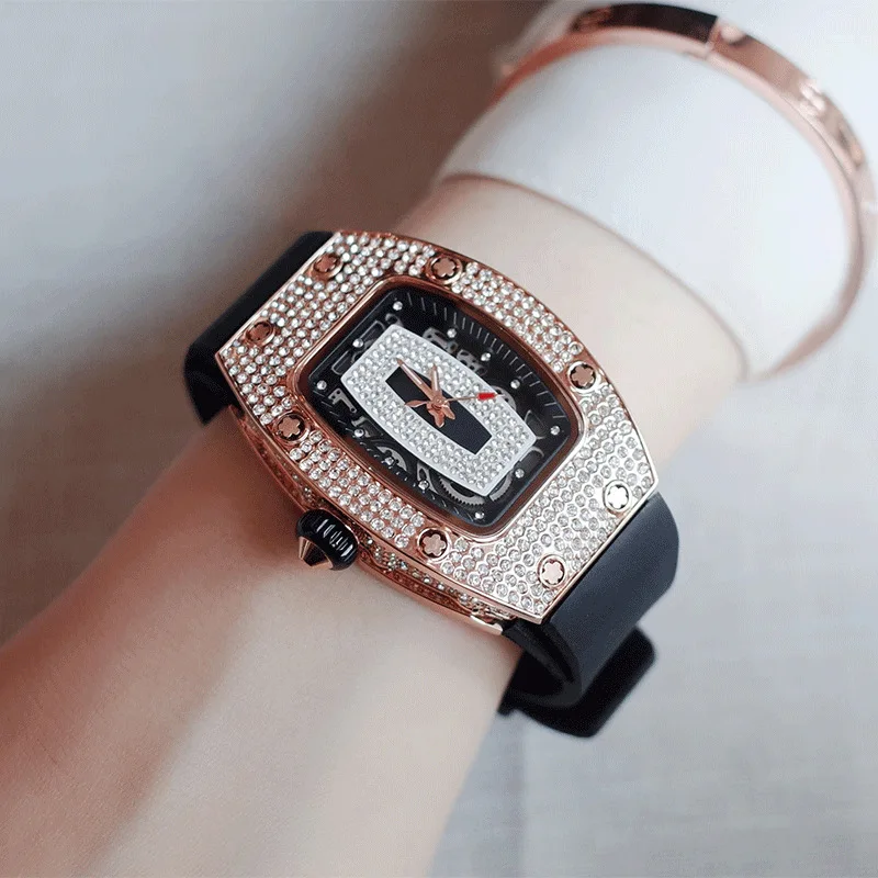 Women's Silicone Strap Quartz Watch, Girl's Tonneau Diamond Wristwatch, elegantes relógios esportivos, frete grátis