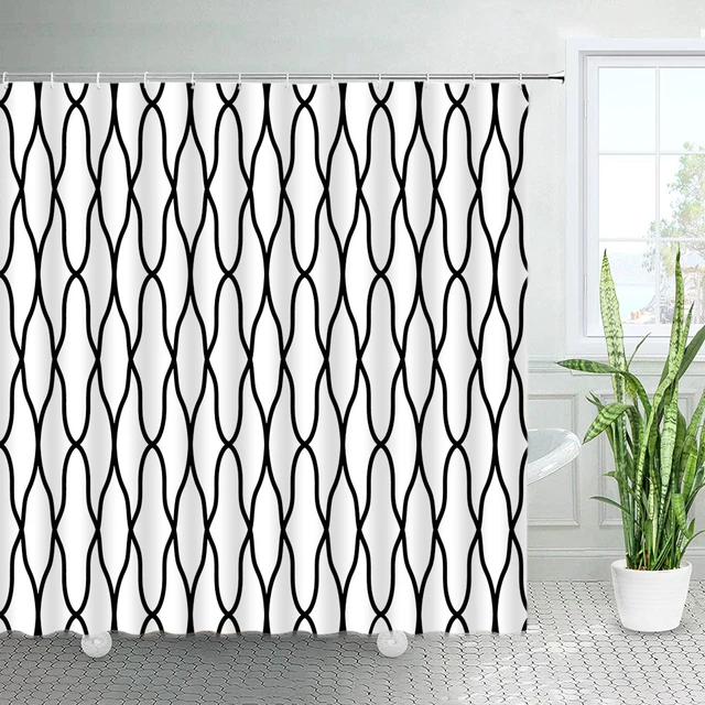 Black White Art Geometric Pattern Abstract Shower Curtain Set for Bathroom  Decor