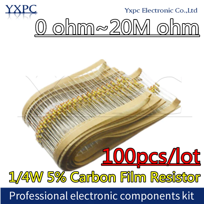 100pcs 1/4w 0.25W 5% Carbon Film Resistor 0R~20M 2.2R 10R 22R 47R 51R 100R 470R 1M 1R 1K 4.7K 10K 47K 1 2.2 10 22 47 51 100 ohm