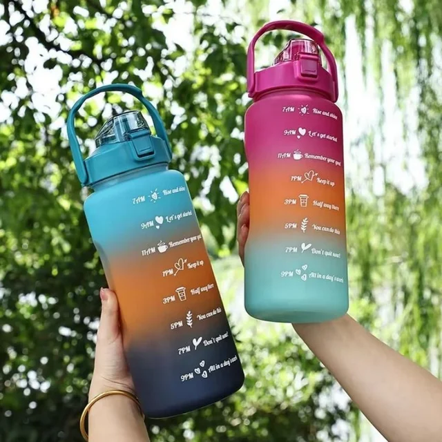 2L Outdoor Large Capacity Water Bottle Plastic Cup Bounce Cover Portable Leakproof Straw Cup Time Marker Gradient Gym Bottles 2