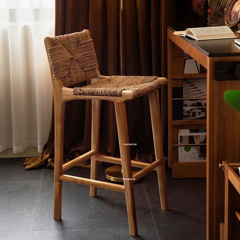 Home Rattan Solid Wood Bar Chairs Nordic Kitchen Island Dining Chair High Stool Designer Retro Back Stool European Bar Furniture