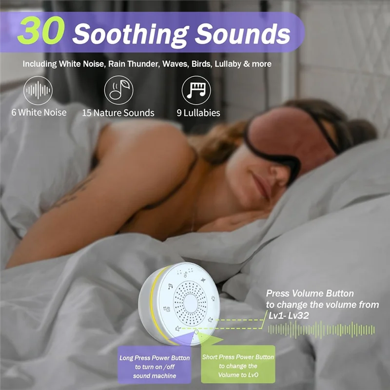 Sleep White Noise Portable Sound Machine For Adults Kids Baby, With 30 Soothing Sounds,5 Color Night Light,3 Timer