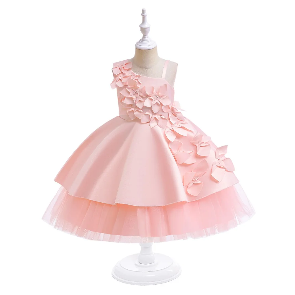 

Children Ballgown Pink Christmas New Year Birthday Party Dress Short Kids Handmade Flowers First Communion Gowns 2024