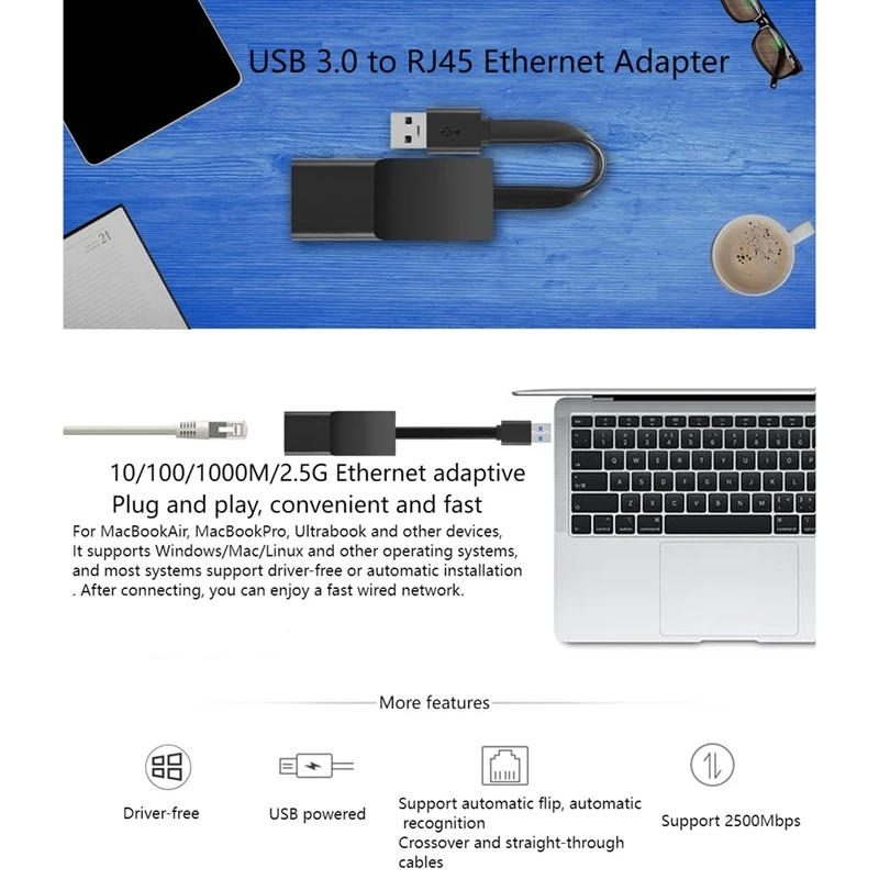 USB 3.0 ̴  Ʈũ ī, USB 3.0 To RJ45 2500Mbps LAN ͳ ̺ (Windows/Mac OS, Linux )