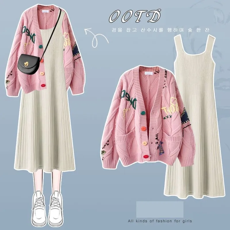 Women's Winter New Vintage Embroidery Knitted Sweater Jacket Matching Set Korean Elegant Long Sleeve Cardigan Dress 2 Piece Suit