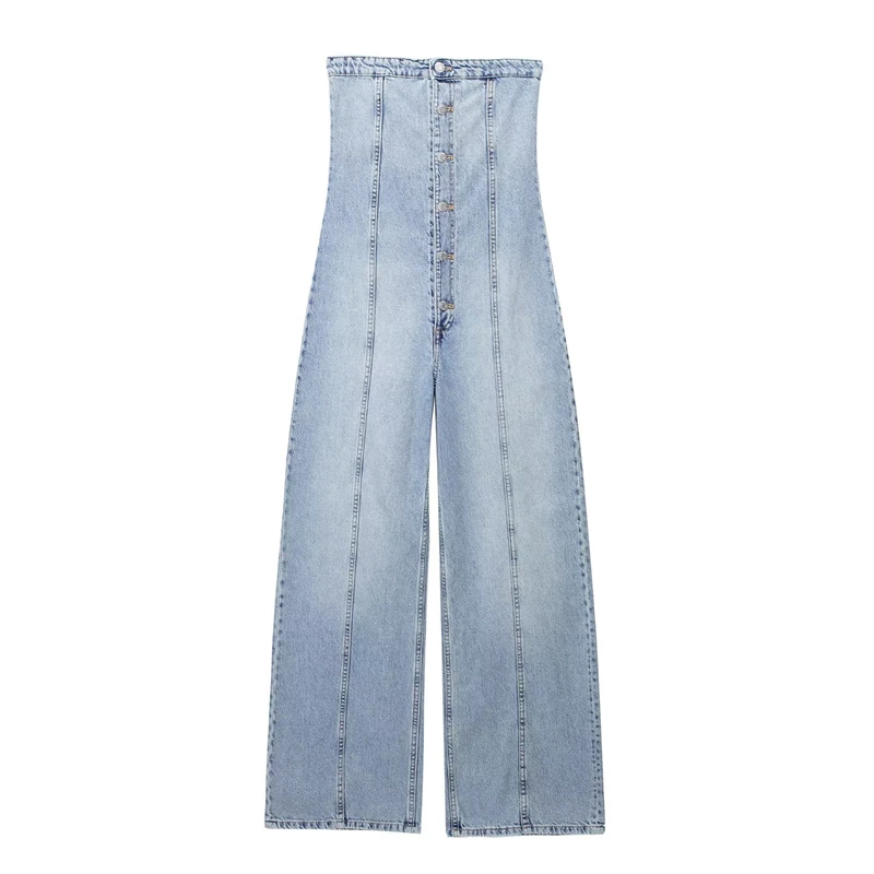 

2023 Women's Summer New Style One-shoulder Straight Collar Tube Top Breasted Loose Casual Straight Denim Jumpsuit's