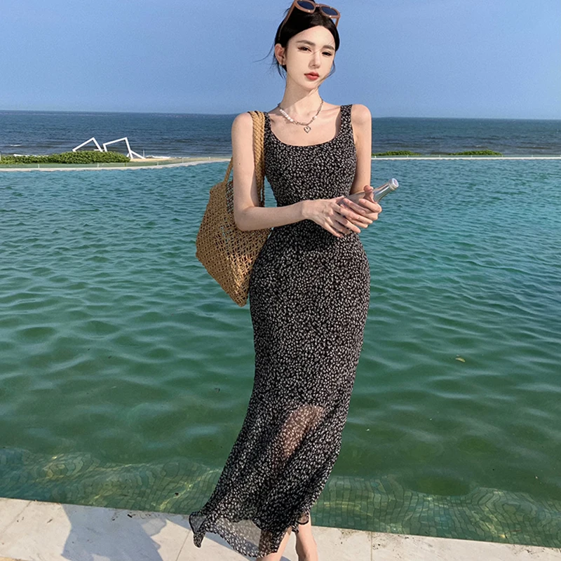 

New Summer Backless Women Slip Fish Tail Chiffon Dress 2023 Simple Slim Black Vacation Long Wrap Clothing French Elegant Office