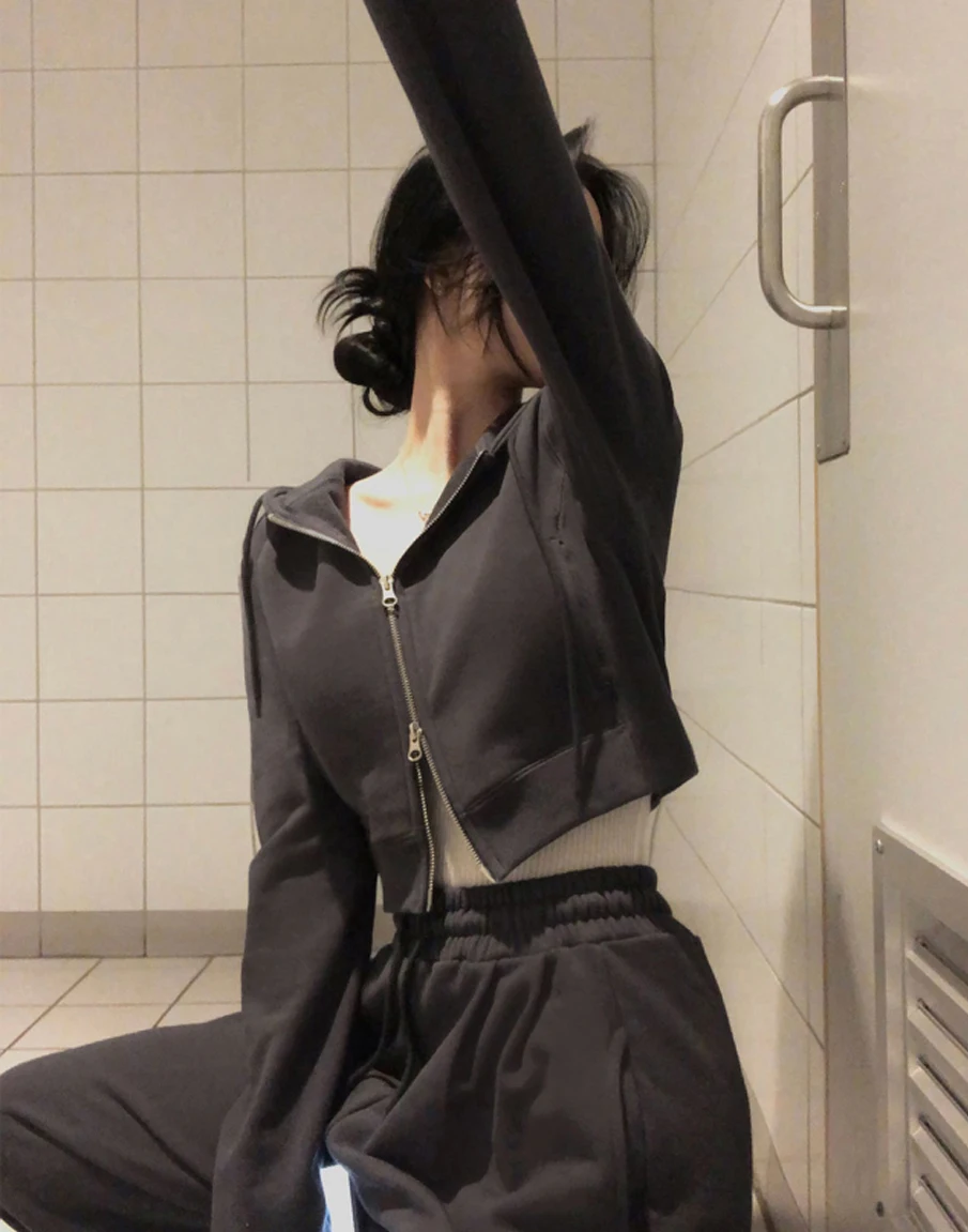 Korean Fashion Streetwear 2-piece Pants Set Women Tracksuit Autumn New Hooded Zip-up Crop Top Long Pants Casual Solid Outfits