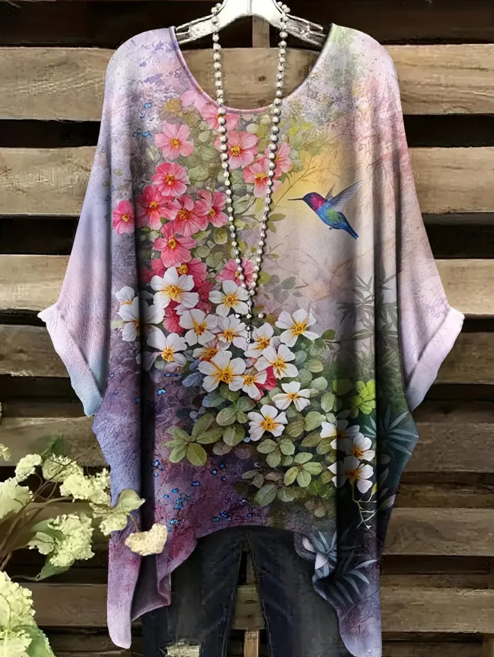 Summer Women's T-Shirt Hummingbird Peacock Print Round Neck Tail Comfortable Short Sleeve Oversized Tee Irregular Hemline Tops 5