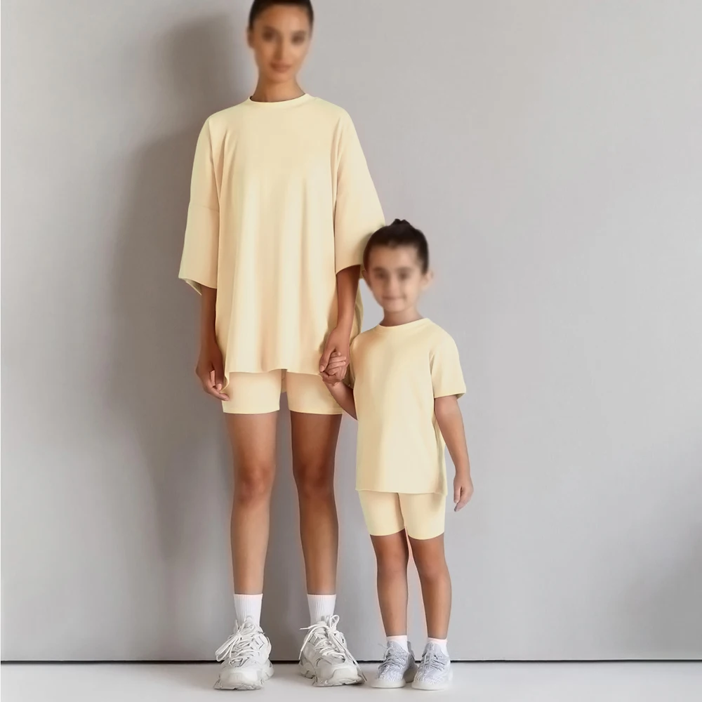 2026 Family Matching Mother Daughter Summer Sets Solid Cotton Lounge Suit For Outfits Clothes Boys Girls Sports Leggings - 3