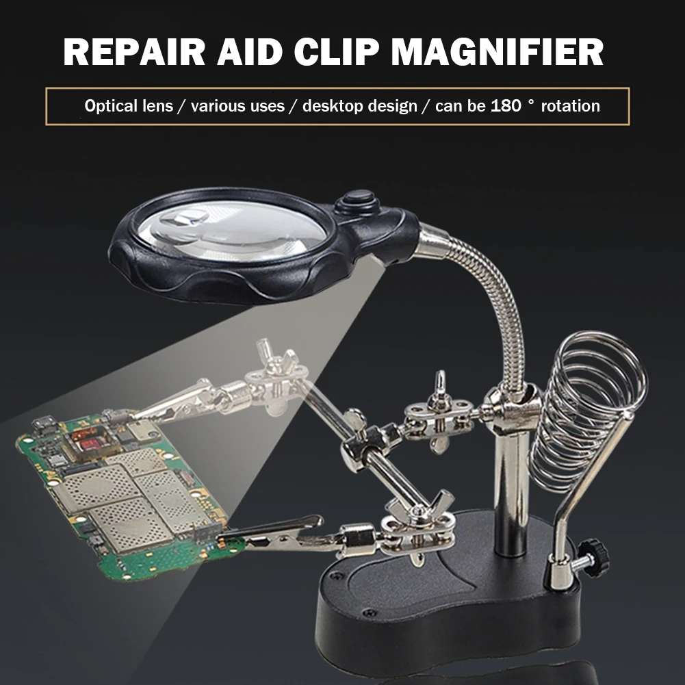 LED Clamp Soldering Iron Stand Magnifying Glass Soldering Repair Magnifier Helping Clamp Vise Clip Tool loupe Crocodile Clip SMD Hands