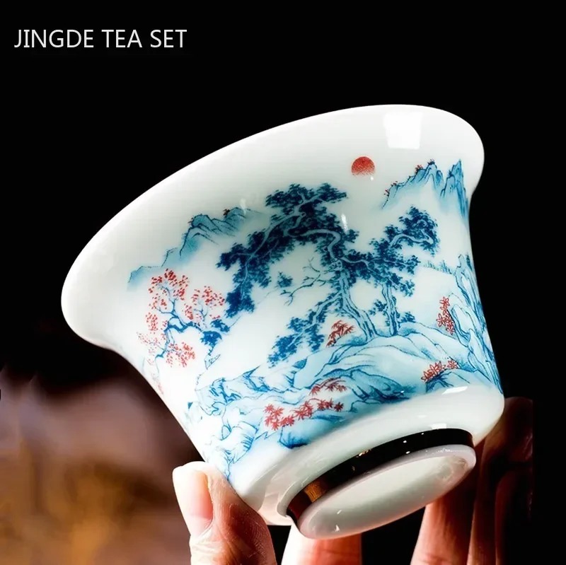 High Quality Ceramic Tea Cup Blue and White Porcelain Portable Single Cup Home Handmade Teacup Customized Tea Bowl Master Cup