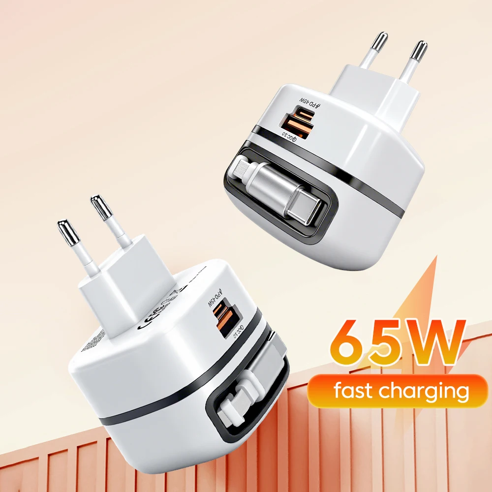 Elough 65W universal travel charger with retractable USB-C cable for fast charging, suitable for iPhone 16 and Samsung laptops