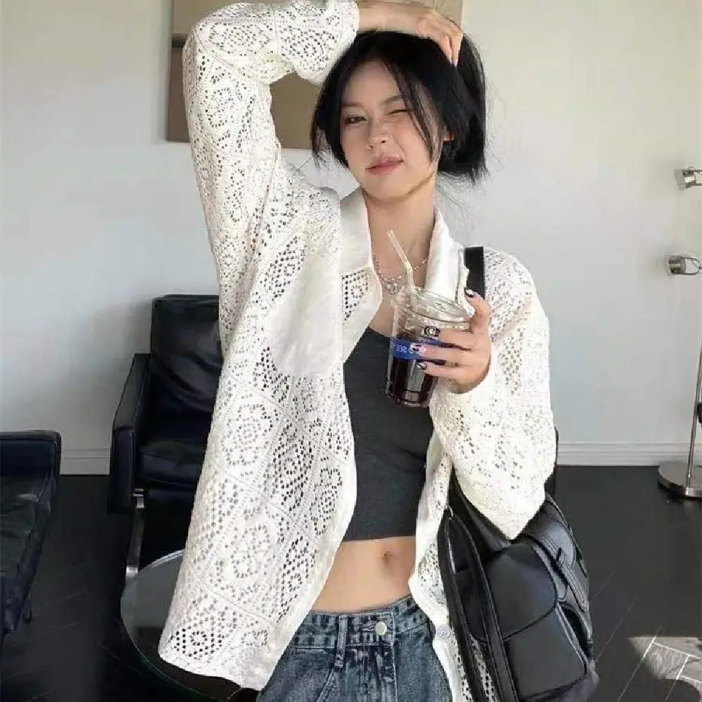 Summer 2023 Ladies Top Women Oversize Long Sleeve Luxury Shirt Elegant Chic White Lace Blouse Hook Flower Hollow Stylish Clothes