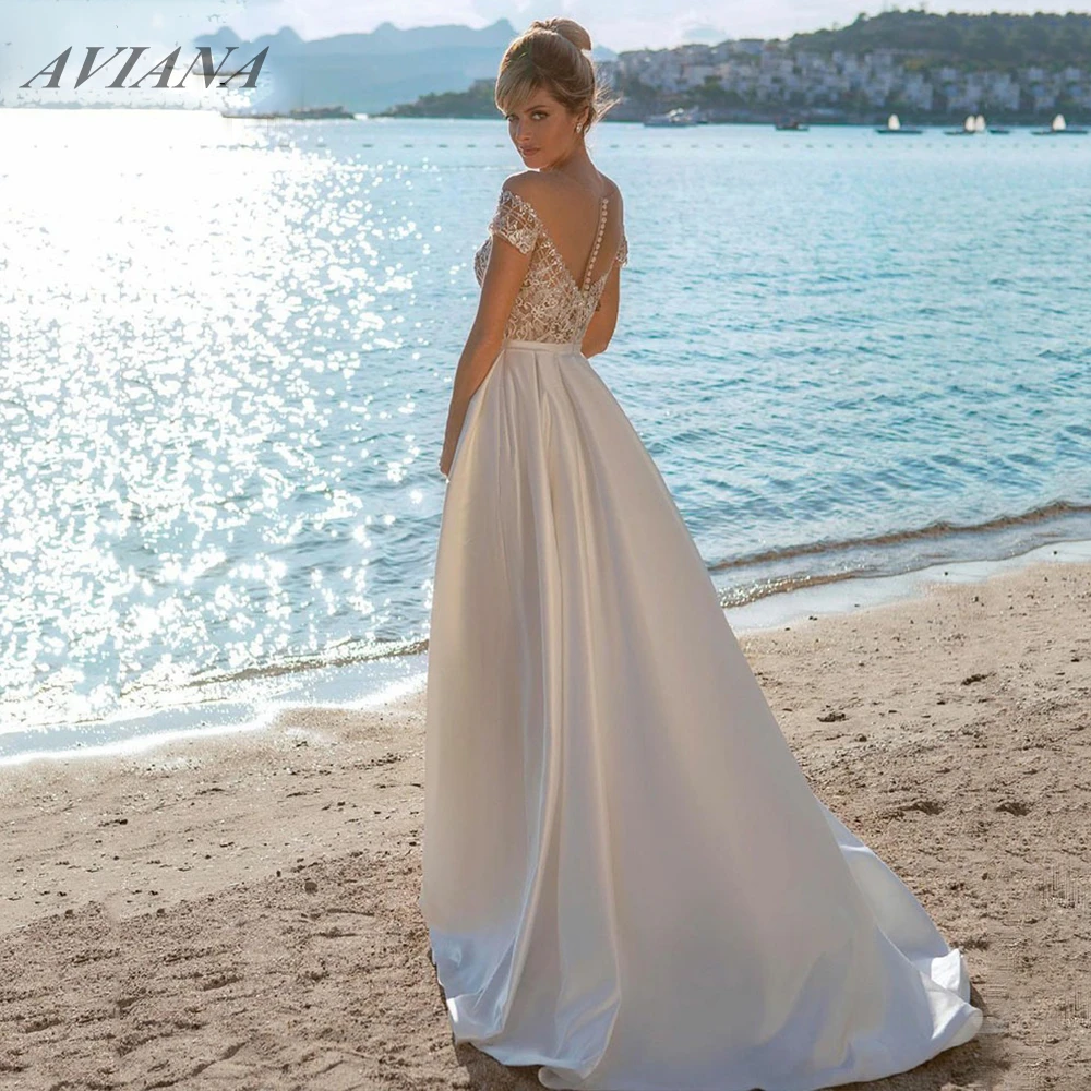 Aviana Lace Appliqué V-Neck Stain Wedding Dress Sied Split Backless Sweep Train Beach Bridal Gown For Women Vestido De Novia summer wedding guest dress