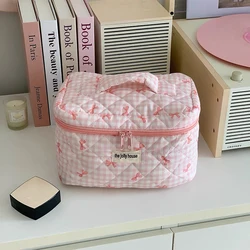 Quilted Bow Knot Cosmetic Travel Organizer - Large Capacity Makeup Storage Bag (Pink Tote)