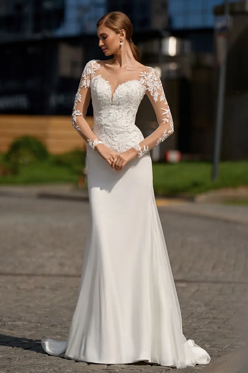 Long Sleeve Mermaid Wedding Dress Beach V-Neck Lace Appliques Sweep Train Button Bridal Gowns Customize To Measures Civil Sweep 2