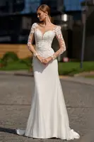 Long Sleeve Mermaid Wedding Dress Beach V-Neck Lace Appliques Sweep Train Button Bridal Gowns Customize To Measures Civil Sweep 2