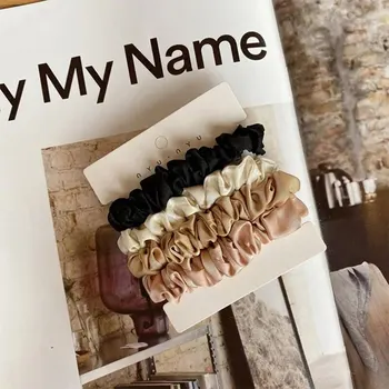 순수 실크 스키니 작은 스크런치 세트, 헤어 활 타이 로프 밴드, 스크런치 탄성 포니테일 홀더, 여성 및 여아용, 4 개 상품 이미지