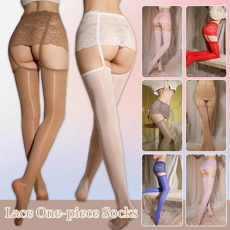 

Women Oily Glossy Suspender Thigh High Stockings Sexy Lace Transparent Tights Pantyhose Erotic Lingerie Long Stocking