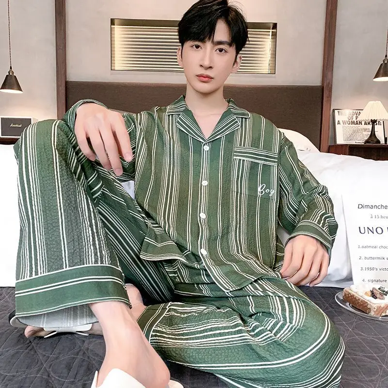 

Spring Autumn Nightclothes Men's Bubble Cotton Long Sleeve Thin Striped Pajamas Set Youth Plaid Casual Large Size Homewear Suit