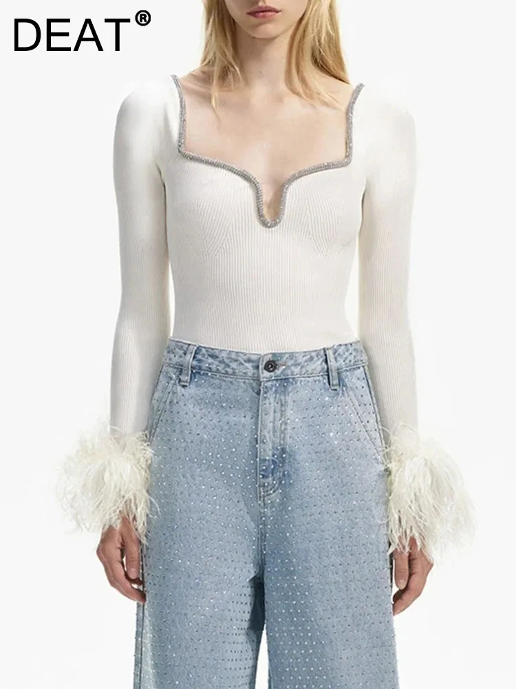 

DEAT Fashion Women's Knitted Pullover Round Neck Slim Solid Color Feather Patchwork Sleeved Sweater Winter 2024 New Tide 7AB2776